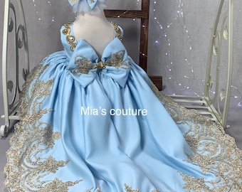 Sky blue and gold  baby dress, mini bride dress, toddler blue dress with diamonds, fluffy baby dress, 1st bday dress, ruffle dress