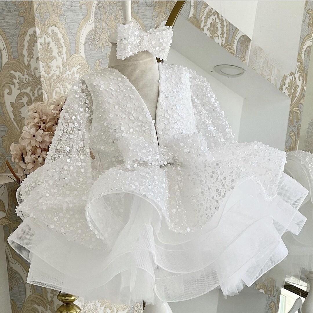 White Sequins Tulle Knee-length 1st Birthday Party Dress
