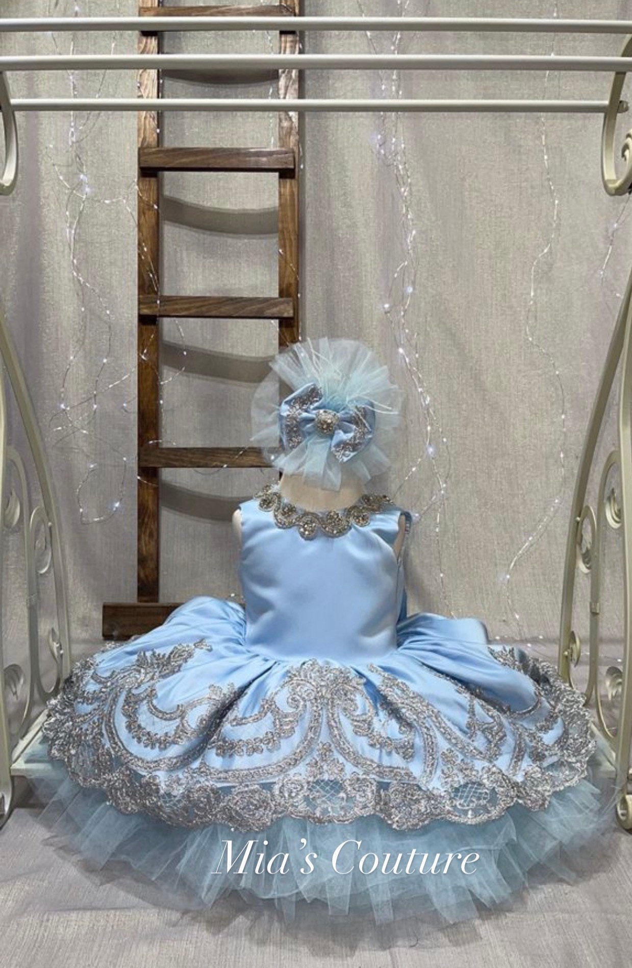Sky Blue & Silver High Low Rhinestone Embezzlement Tulle