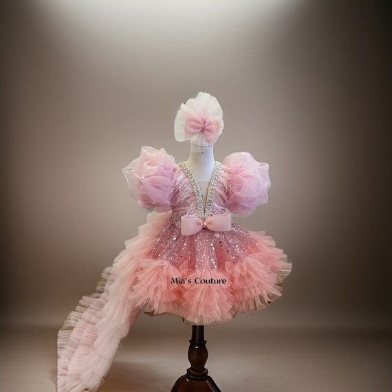 Girls Light Pink Sequins Rhinestone Dress for Girls, Toddlers Pearl Dress, Pink Girl 1st Birthday Dress, Toddler Pageant Gown, Formal Dress