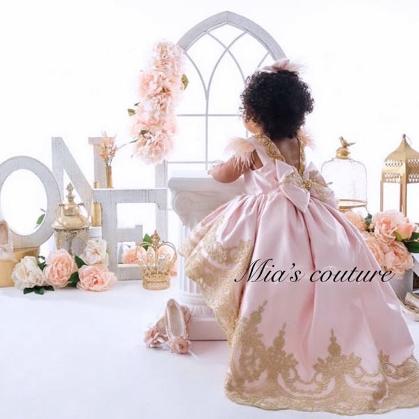 Vestido de princesa, vestido de encaje rosa y dorado, vestido de longitud larga, vestido de niña formal, vestido rosa de niña bebé, vestido de primer cumpleaños, fotografía bebé