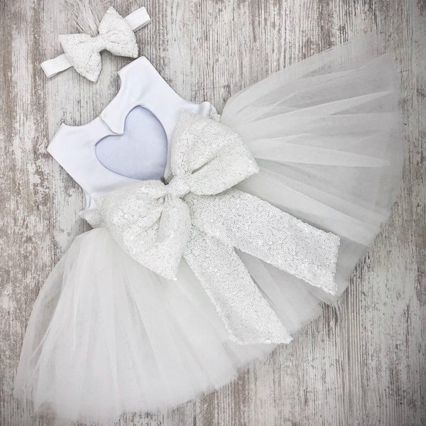 Baby girl dress for special occasion, flower tutu, tulle kid White Sequins Big Bow Heart Shape Cut Out Girls Satin Tutu Modern Style Dress