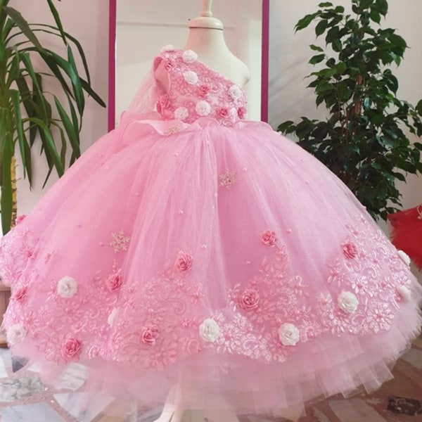 3d flower girl dress sweet 16 Quinceanera gown pink flowers, birthday girl gown glittery, very puffy pink dress, toddler pageant gown
