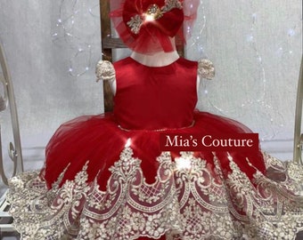 open lace back dress Baby Short Flower Girl Dress with Gold Lace 7013B – Sparkly Gowns main image 1