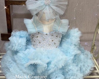 Sky blue baby dress with pearls, mini bride dress, toddler blue dress with diamonds, fluffy baby dress, 1st bday dress, ruffle dress