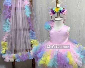 Rainbow baby girl dress toddler unicorn pageant tutu rainbow dress fancy baby cupcake pageant pink purple tulle dress