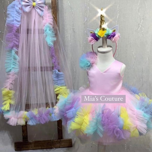 Rainbow baby girl dress toddler unicorn pageant tutu rainbow dress fancy baby cupcake pageant pink purple tulle dress