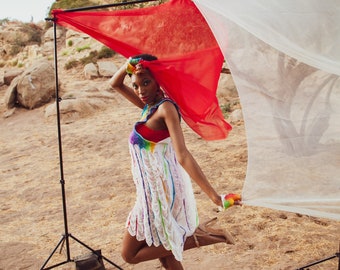 One of a kind Short Rainbow Nunofelted Halter neckline Dress with gloves