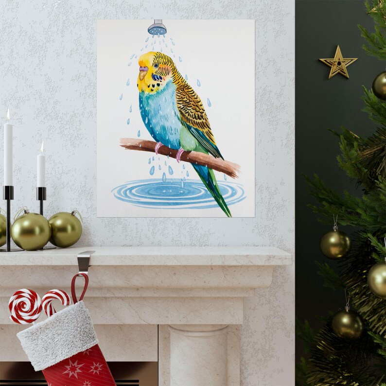 Watercolour Budgie Taking A Shower Bathroom Art Funny Watercolour
