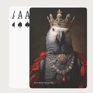 Carte da gioco a tema reale con pappagallo grigio africano che gioca a poker - Disegni di pappagalli vittoriani per proprietari e amanti dei pappagalli