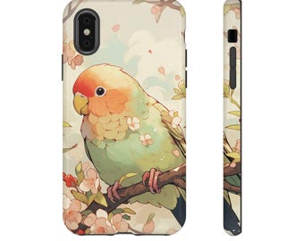 Agapornis en un cerezo en flor: bonita funda para teléfono con temática primaveral