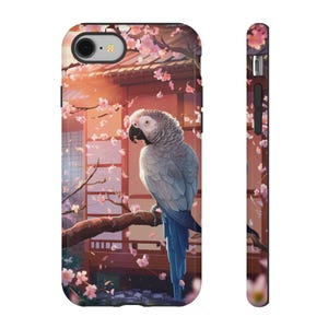 Gris d&#39;Afrique dans un cerisier en fleurs - Jolie coque de portable sur le thème du printemps