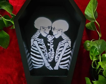Handcrafted Coffin Shelf: Halloween Skeleton Lovers Design