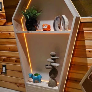 May include: A coffin-shaped wooden shelf with warm LED lighting. The shelves display a small potted plant, an orange fox figurine, a geode, a stack of stones, and a blue ceramic hippo with a succulent.