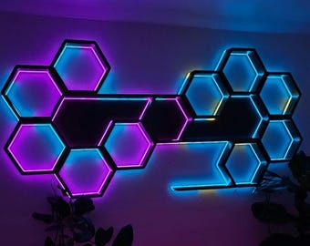 Geometric Wall Art Infinity LED Wall Shelves Game Room Setup RGB Gaming Wall Decor Hexagon Shelf System Modern Wood Wall art Streamer Setup