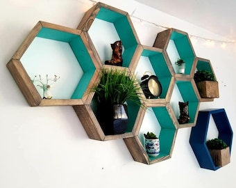 Hexagon Wall Shelves: Geometric Floating Shelf Set - Boho Home Decor