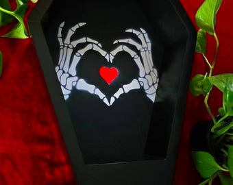 Handcrafted Coffin Wall Shelf: Skeleton Hands Heart, Gothic Home Decor, Optional LED