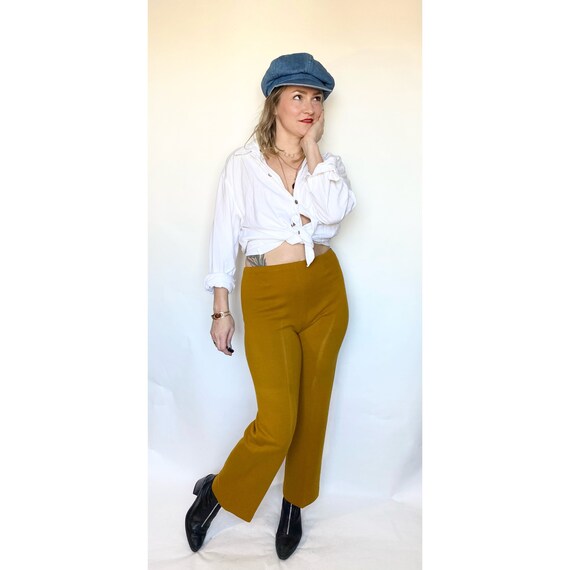 Mustard yellow polyester pants, 70s pants, high wa