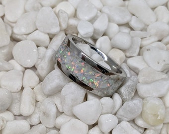 Please choose Ring Size and Material 6 or 8mm Custom Colors Available! Light Blue and Green Opal Ombre Inlay Iridescent Glow Ring