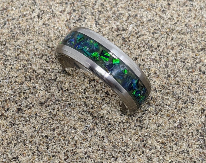 Please choose Ring Size and Material 6 or 8mm Custom Colors Available! Light Blue and Green Opal Ombre Inlay Iridescent Glow Ring
