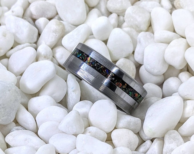Please choose Ring Size and Material 6 or 8mm Custom Colors Available! Light Blue and Green Opal Ombre Inlay Iridescent Glow Ring