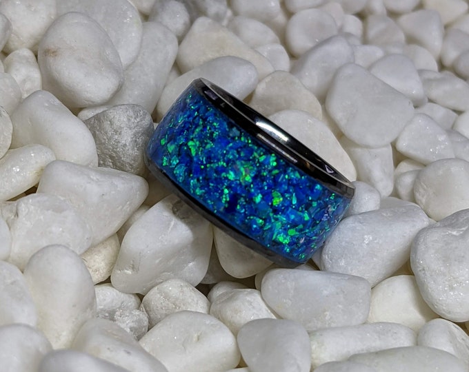 Please choose Ring Size and Material 6 or 8mm Custom Colors Available! Light Blue and Green Opal Ombre Inlay Iridescent Glow Ring