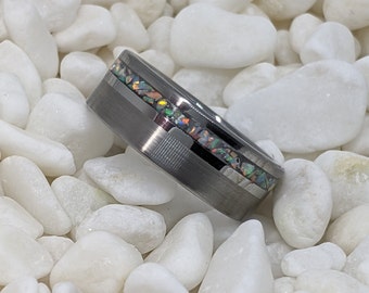 White Fire Opal + Tungsten Offset Channel Inlay Iridescent Glow Ring - 8mm - Please choose Ring Size. Custom inlay colors available!