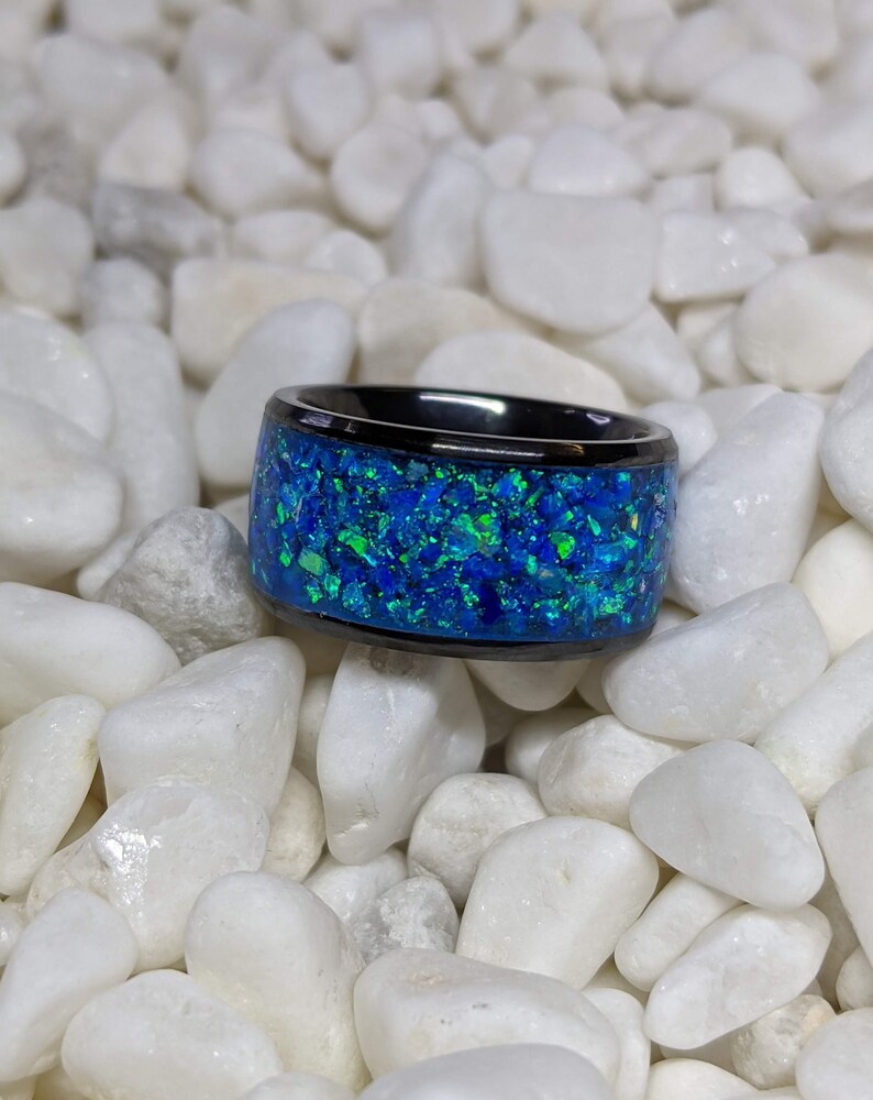 Extra Wide Blue Ice Fire Opal Inlay Iridescent Glow Ring 10mm wide Please choose Ring Size Custom