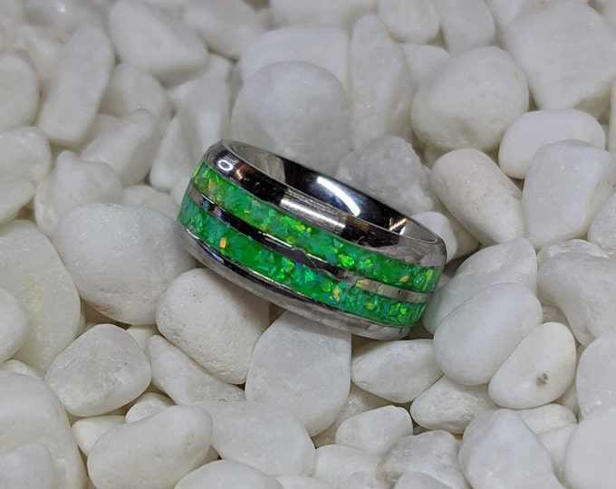 Green Neon Fire Opal in a Double 2x Channel Inlay Iridescent Glow Ring - 8mm - Please choose Ring Size & Material. Custom Colors Available!