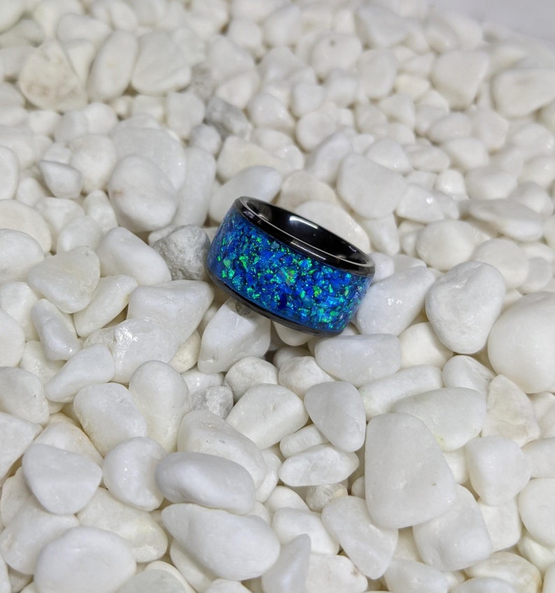 Extra Wide Blue Ice Fire Opal Inlay Iridescent Glow Ring 10mm wide Please choose Ring Size Custom