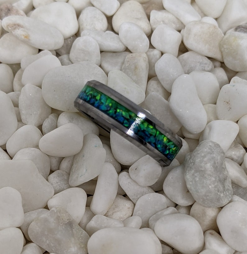 Please choose Ring Size and Material 6 or 8mm Custom Colors Available! Light Blue and Green Opal Ombre Inlay Iridescent Glow Ring