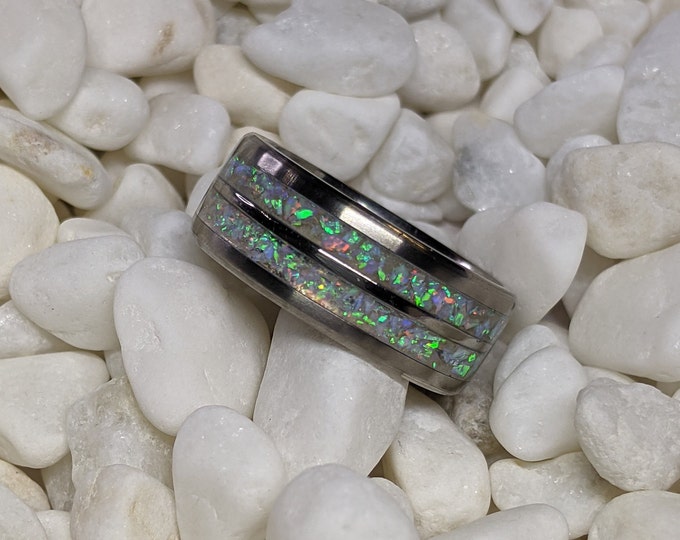 White Fire Opal in a Double 2x Channel Inlay Iridescent Glow Ring - 8mm - Please choose Ring Size and Material. Custom Colors Available!