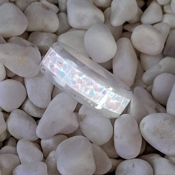 White Out White Fire and White Ceramic Opal Custom Inlay Iridescent Glow Ring - 4/6/8mm wide ring - Custom - Please choose Size & Width