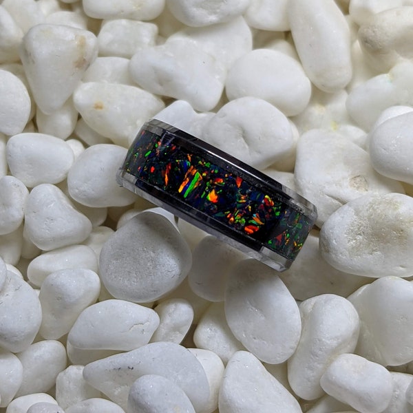 Black Fire Opal Inlay Iridescent Glow Ring - 4/6/8mm wide options - Custom - Please choose Ring Material, Size & Width