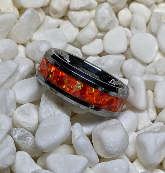 Volcano Red Orange Fire Opal Inlay Iridescent Glow Ring - 4/6/8mm wide ring  - Custom - Please choose Ring Material, Size & Width