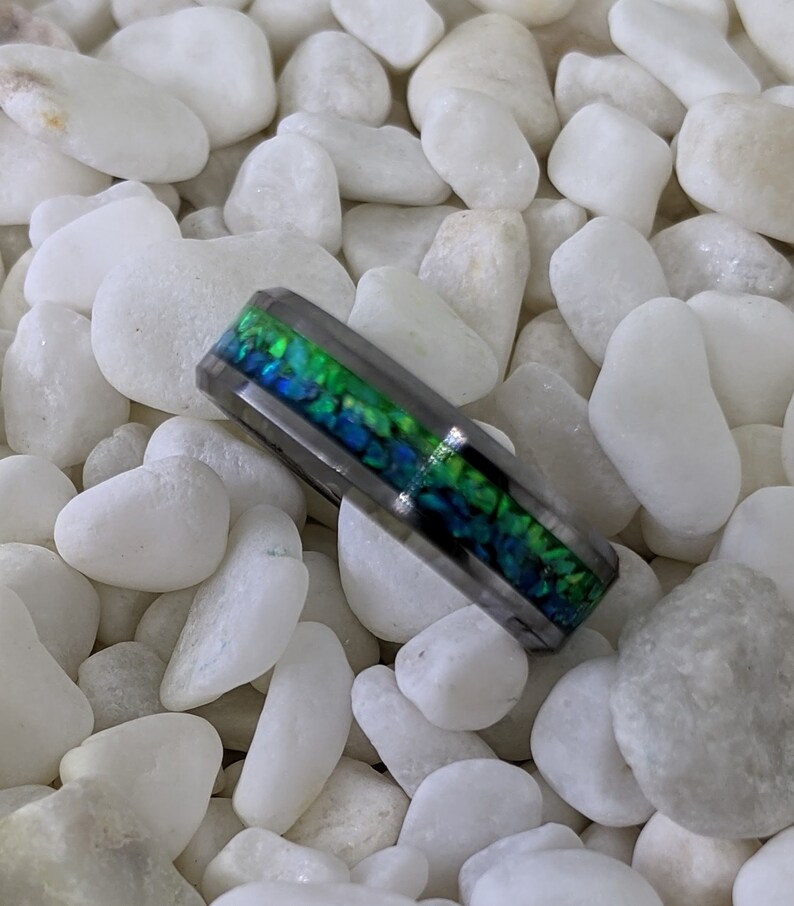 Please choose Ring Size and Material 6 or 8mm Custom Colors Available! Light Blue and Green Opal Ombre Inlay Iridescent Glow Ring