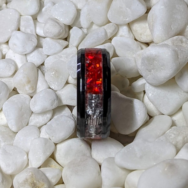 Red Lightsaber Fire Opal Inlay Iridescent Glow Ring - 8mm wide ring - Custom - Please choose Ring Material & Size