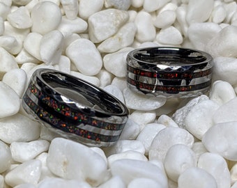 Black Fire Opal Inlaid in a Multi-Faceted Dual Channel Inlay Iridescent Glow Ring - 8mm - Please choose Ring Size and Type