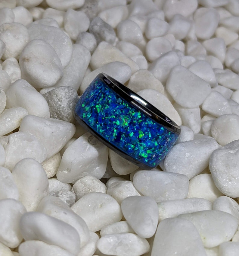 Extra Wide Blue Ice Fire Opal Inlay Iridescent Glow Ring 10mm wide Please choose Ring Size Custom