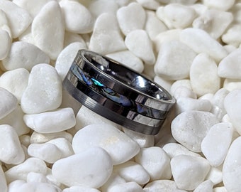 Abalone/Mother of Pearl Tungsten Offset Channel Inlay Iridescent Glow Ring - 8mm - Please choose Ring Size.