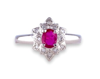 Certified Ruby Platinum Engagement Ring with Diamond Halo
