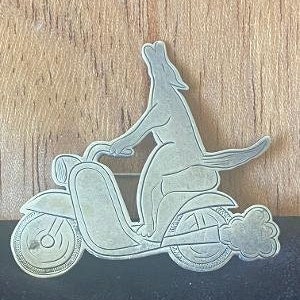 Don Lucas howling coyote pin - signed D. Lucas pin - coyote on scooter pin - hat pin - sterling brooch - hat pin - BOHO pin - denim jacket