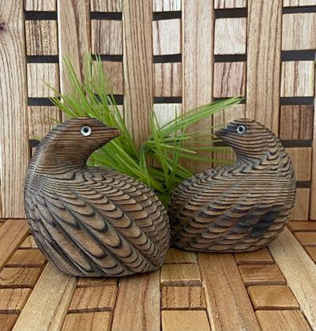 Quail Carved Wood Pair of Quail Folk Art Handcrafted Quail Vintage