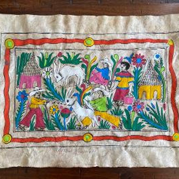 Amate Mexican bark art - signed Amate art - folk art - colorful art- depicts village life - tree bark paper - vibrant colors - wall art