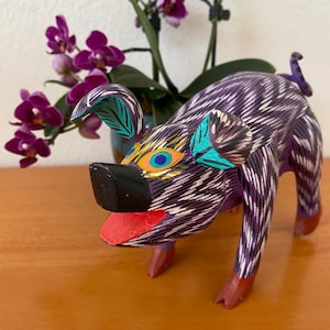 Oaxaca purple pig - artist signed - Joaquin Hernandez - folk art figurine - wood carving - colorful pig - Alebrije - fantasy animal