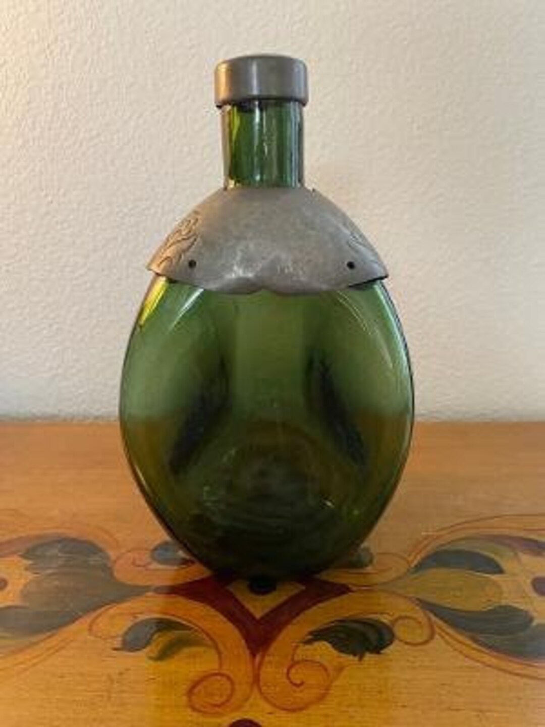 Pinch Bottle Vintage Deep Green Pinch Bottle Floral Metal Collar and
