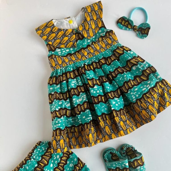 Robe imprimée africaine pour fille | Ensemble robe pour bébé Ankara | Bandeau bébé | Pantalon couche-culotte Ankara | Robe imprimée africaine | Vêtements enfant imprimé africain