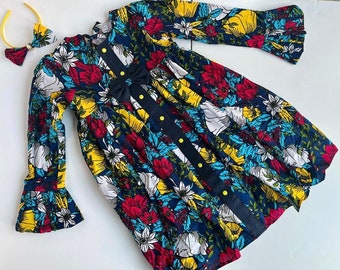 African Print Dress| Ankara Dress Set| Bow Headband| African Print Kids Clothes