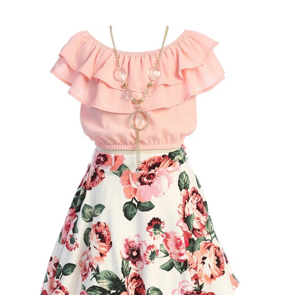 Little Girls Big Girls 3 Pieces Girls Off Shoulder Ruffle Crop Top Floral Skirt Party Clothing Dress Set Daily Outfit 4-14 USA Blush Pink