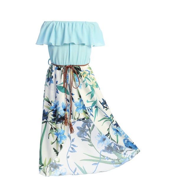 Petites Filles Grandes Filles Épaule froide sur l’épaule Volant Floral Fleur Haute Basse Jupe Robe de fête d’anniversaire 4-14 USA Bleu glace Floral